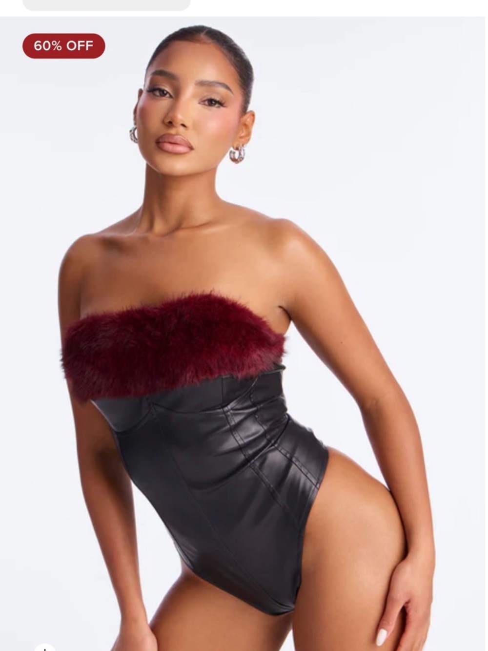 Fashion Nova Strapless Faux Leather Bodysuit with Burgundy Faux Fur Trim
